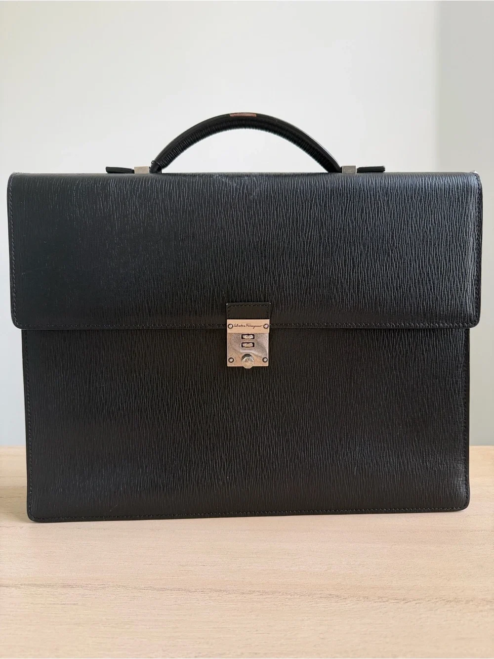 Salvatore Ferragamo Black Leather Men's Briefcase with Metal Lock
